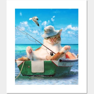 Cute Cat Fishing On Ocean Boat Posters and Art